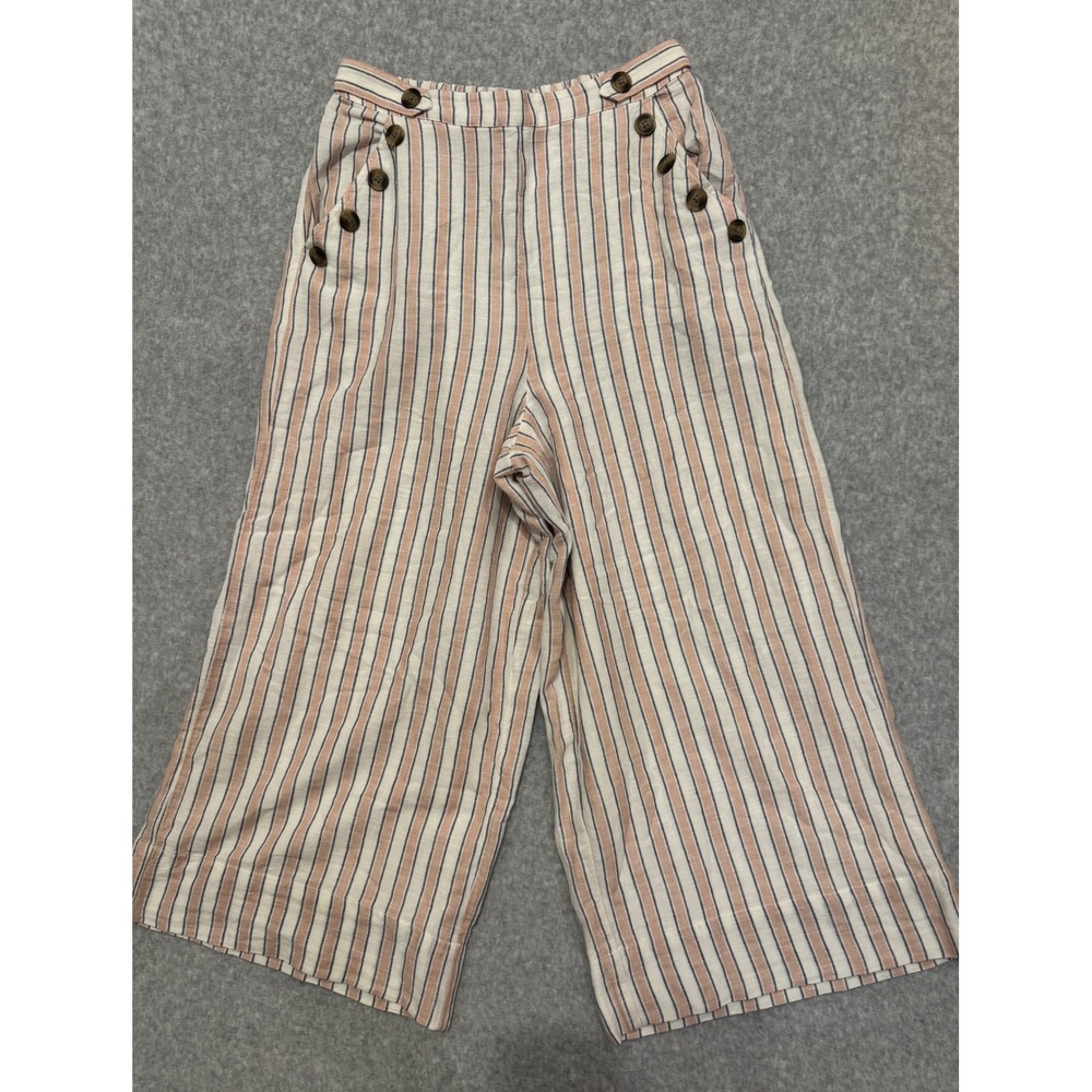 American Eagle Striped Wide Leg Linen Blend Sailor Button Pants Medium Culotte